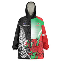 New Zealand and Wales Rugby Custom Wearable Blanket Hoodie Aotearoa All Black Combine Welsh Dragon - Polynesian Pride