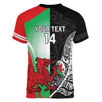 New Zealand and Wales Rugby Custom Women V-Neck T-Shirt Aotearoa All Black Combine Welsh Dragon - Polynesian Pride