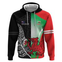 New Zealand and Wales Rugby Custom Zip Hoodie Aotearoa All Black Combine Welsh Dragon - Polynesian Pride