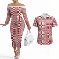 Red White Filipino Binakol Motifs Couples Matching Off The Shoulder Long Sleeve Dress and Hawaiian Shirt Mabuhay Philippines Festival Kusikus Pattern LT14 Red - Polynesian Pride