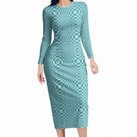 Cyan Filipino Binakol Motifs Long Sleeve Bodycon Dress Mabuhay Philippines Festival Kusikus Pattern LT14 Long Dress Cyan - Polynesian Pride