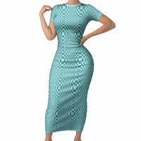 Cyan Filipino Binakol Motifs Short Sleeve Bodycon Dress Mabuhay Philippines Festival Kusikus Pattern LT14 Long Dress Cyan - Polynesian Pride