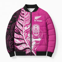 New Zealand Silver Fern Rugby Custom Bomber Puffer Jacket All Black Maori Pattern Pink - Polynesian Pride