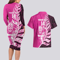 New Zealand Silver Fern Rugby Custom Couples Matching Long Sleeve Bodycon Dress and Hawaiian Shirt All Black Maori Pattern Pink - Polynesian Pride