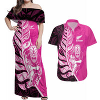 New Zealand Silver Fern Rugby Custom Couples Matching Off Shoulder Maxi Dress and Hawaiian Shirt All Black Maori Pattern Pink - Polynesian Pride