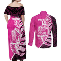 New Zealand Silver Fern Rugby Custom Couples Matching Off Shoulder Maxi Dress and Long Sleeve Button Shirt All Black Maori Pattern Pink - Polynesian Pride