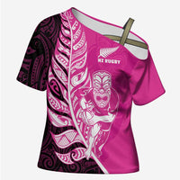 New Zealand Silver Fern Rugby Custom Cross Shoulder Shirt All Black Maori Pattern Pink - Polynesian Pride