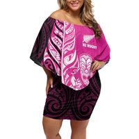 New Zealand Silver Fern Rugby Custom Family Matching Off Shoulder Short Dress and Hawaiian Shirt All Black Maori Pattern Pink - Polynesian Pride