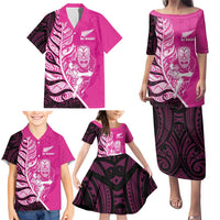 New Zealand Silver Fern Rugby Custom Family Matching Puletasi and Hawaiian Shirt All Black Maori Pattern Pink - Polynesian Pride
