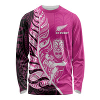New Zealand Silver Fern Rugby Custom Long Sleeve Shirt All Black Maori Pattern Pink - Polynesian Pride