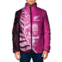 New Zealand Silver Fern Rugby Custom Padded Jacket All Black Maori Pattern Pink - Polynesian Pride