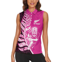 New Zealand Silver Fern Rugby Custom Women Sleeveless Polo Shirt All Black Maori Pattern Pink - Polynesian Pride