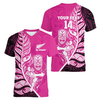 New Zealand Silver Fern Rugby Custom Women V-Neck T-Shirt All Black Maori Pattern Pink - Polynesian Pride