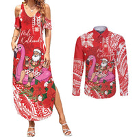 Personalized Hawaii Christmas Couples Matching Summer Maxi Dress and Long Sleeve Button Shirt Mele Kalikimaka Chilling Shaka Santa Flamingo LT14 Red - Polynesian Pride