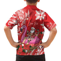 Personalized Hawaii Christmas Family Matching Off The Shoulder Long Sleeve Dress and Hawaiian Shirt Mele Kalikimaka Chilling Shaka Santa Flamingo - Polynesian Pride