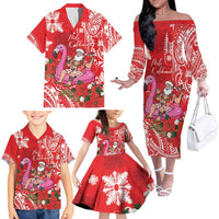 Personalized Hawaii Christmas Family Matching Off The Shoulder Long Sleeve Dress and Hawaiian Shirt Mele Kalikimaka Chilling Shaka Santa Flamingo - Polynesian Pride