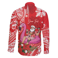 Personalized Hawaii Christmas Family Matching Off The Shoulder Long Sleeve Dress and Hawaiian Shirt Mele Kalikimaka Chilling Shaka Santa Flamingo - Polynesian Pride