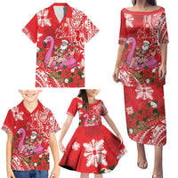 Personalized Hawaii Christmas Family Matching Puletasi and Hawaiian Shirt Mele Kalikimaka Chilling Shaka Santa Flamingo LT14 - Polynesian Pride