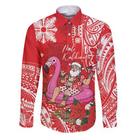 Personalized Hawaii Christmas Family Matching Puletasi and Hawaiian Shirt Mele Kalikimaka Chilling Shaka Santa Flamingo LT14 Dad's Shirt - Long Sleeve Red - Polynesian Pride