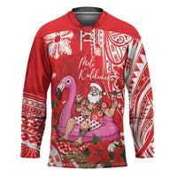 Personalized Hawaii Christmas Hockey Jersey Mele Kalikimaka Chilling Shaka Santa Flamingo - Polynesian Pride