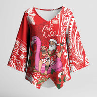 Personalized Hawaii Christmas Kimono Sleeve Blouse Mele Kalikimaka Chilling Shaka Santa Flamingo - Polynesian Pride