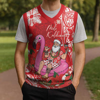 Personalized Hawaii Christmas Knitted V-Neck Vest Mele Kalikimaka Chilling Shaka Santa Flamingo - Polynesian Pride