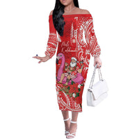 Personalized Hawaii Christmas Off The Shoulder Long Sleeve Dress Mele Kalikimaka Chilling Shaka Santa Flamingo - Polynesian Pride