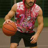 Personalized Hawaii Christmas Sleeveless Zip Hoodie Mele Kalikimaka Chilling Shaka Santa Flamingo - Polynesian Pride