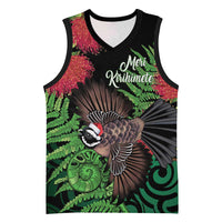 Meri Kirihimete New Zealand Basketball Jersey Piwakawaka Koru Fern Mix Pohutukawa LT14 Unisex Black - Polynesian Pride