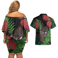 Meri Kirihimete New Zealand Couples Matching Off Shoulder Short Dress and Hawaiian Shirt Piwakawaka Koru Fern Mix Pohutukawa - Polynesian Pride