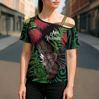 Meri Kirihimete New Zealand Cross Shoulder Shirt Piwakawaka Koru Fern Mix Pohutukawa LT14 - Polynesian Pride