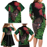 Meri Kirihimete New Zealand Family Matching Long Sleeve Bodycon Dress and Hawaiian Shirt Piwakawaka Koru Fern Mix Pohutukawa LT14 - Polynesian Pride