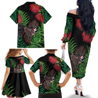 Meri Kirihimete New Zealand Family Matching Off The Shoulder Long Sleeve Dress and Hawaiian Shirt Piwakawaka Koru Fern Mix Pohutukawa - Polynesian Pride