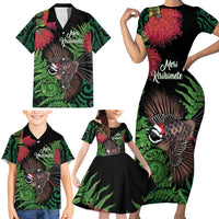 Meri Kirihimete New Zealand Family Matching Short Sleeve Bodycon Dress and Hawaiian Shirt Piwakawaka Koru Fern Mix Pohutukawa LT14 - Polynesian Pride