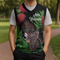 Meri Kirihimete New Zealand Christmas Knitted V-Neck Vest Piwakawaka Koru Fern Mix Pohutukawa - Polynesian Pride