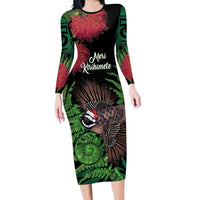 Meri Kirihimete New Zealand Long Sleeve Bodycon Dress Piwakawaka Koru Fern Mix Pohutukawa - Polynesian Pride