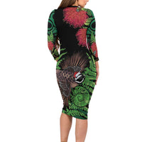 Meri Kirihimete New Zealand Long Sleeve Bodycon Dress Piwakawaka Koru Fern Mix Pohutukawa - Polynesian Pride