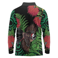 Meri Kirihimete New Zealand Long Sleeve Polo Shirt Piwakawaka Koru Fern Mix Pohutukawa LT14 - Polynesian Pride