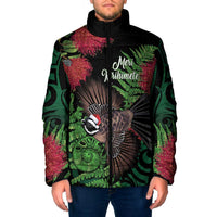 Meri Kirihimete New Zealand Padded Jacket Piwakawaka Koru Fern Mix Pohutukawa LT14 Men Black - Polynesian Pride