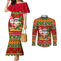 Personalised Hawaii Surfing Santa Christmas Couples Matching Mermaid Dress and Long Sleeve Button Shirt Tropical Pineapple Mele Kalikimaka Quilt Pattern LT14 Red - Polynesian Pride