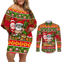 Personalised Hawaii Surfing Santa Christmas Couples Matching Off Shoulder Short Dress and Long Sleeve Button Shirt Tropical Pineapple Mele Kalikimaka Quilt Pattern LT14 Red - Polynesian Pride