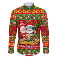 Personalised Hawaii Surfing Santa Christmas Family Matching Mermaid Dress and Hawaiian Shirt Tropical Pineapple Mele Kalikimaka Quilt Pattern LT14 Dad's Shirt - Long Sleeve Red - Polynesian Pride