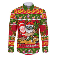 Personalised Hawaii Surfing Santa Christmas Family Matching Puletasi Dress and Hawaiian Shirt Tropical Pineapple Mele Kalikimaka Quilt Pattern LT14 Dad's Shirt - Long Sleeve Red - Polynesian Pride