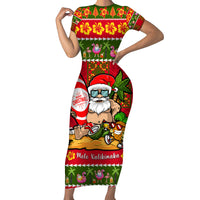 Personalised Hawaii Surfing Santa Christmas Short Sleeve Bodycon Dress Tropical Pineapple Mele Kalikimaka Quilt Pattern LT14 Long Dress Red - Polynesian Pride