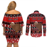 Personalised New Zealand Christmas Couples Matching Off Shoulder Short Dress and Long Sleeve Button Shirt Aotearoa Kiwi Meri Kirihimete Red Version LT14 - Polynesian Pride