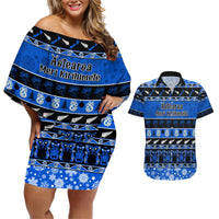 Personalised New Zealand Christmas Couples Matching Off Shoulder Short Dress and Hawaiian Shirt Aotearoa Kiwi Meri Kirihimete Blue Version LT14 Blue - Polynesian Pride
