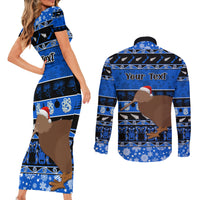 Personalised New Zealand Christmas Couples Matching Short Sleeve Bodycon Dress and Long Sleeve Button Shirt Aotearoa Kiwi Meri Kirihimete Blue Version LT14 - Polynesian Pride