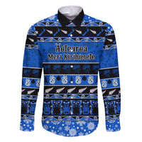 Personalised New Zealand Christmas Family Matching Off Shoulder Long Sleeve Dress and Hawaiian Shirt Aotearoa Kiwi Meri Kirihimete Blue Version LT14 Dad's Shirt - Long Sleeve Blue - Polynesian Pride