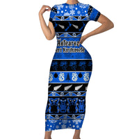 Personalised New Zealand Christmas Short Sleeve Bodycon Dress Aotearoa Kiwi Meri Kirihimete Blue Version LT14 Long Dress Blue - Polynesian Pride