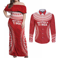 Custom Tonga Mate Maa Couples Matching Off Shoulder Maxi Dress and Long Sleeve Button Shirt Go Champions Tongan Ngatu - Red LT14 Red - Polynesian Pride